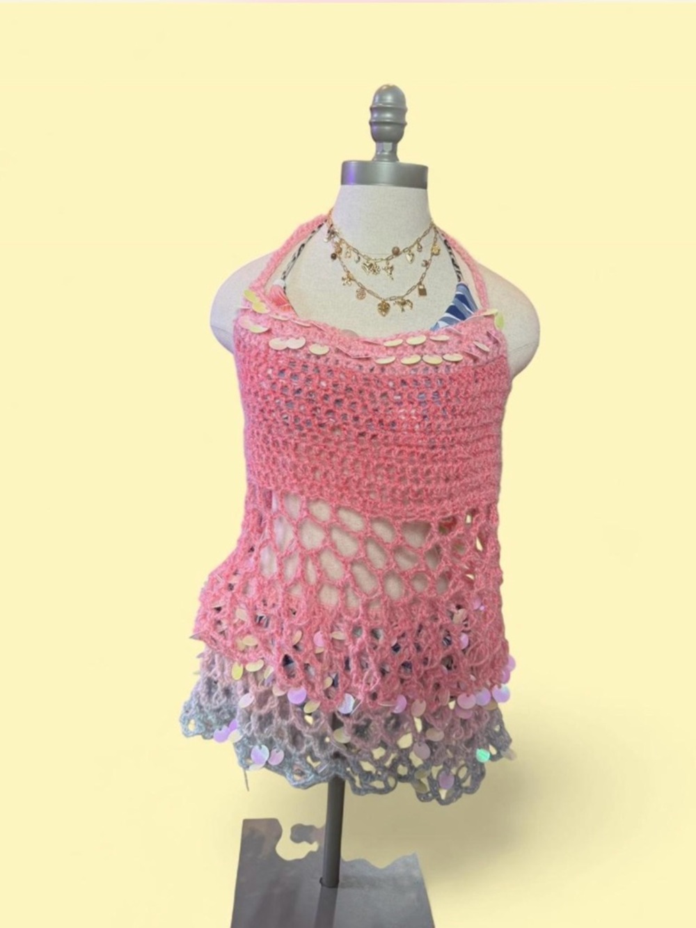 Pink Crochet Halter Top with Iridescent Sequin Trim and Skirt to Match